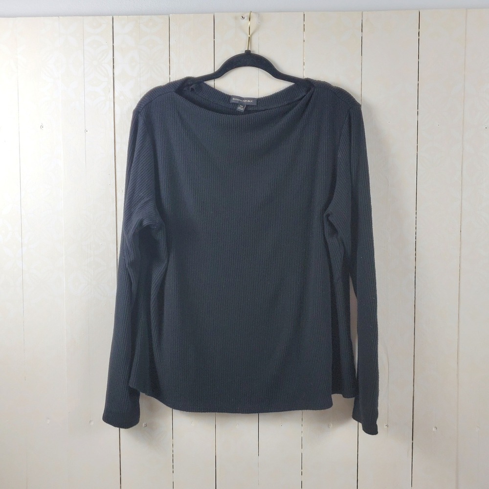 Banana Republic Womens XXL Black Ribbed Knit Boat Neck Long Sleeve Top